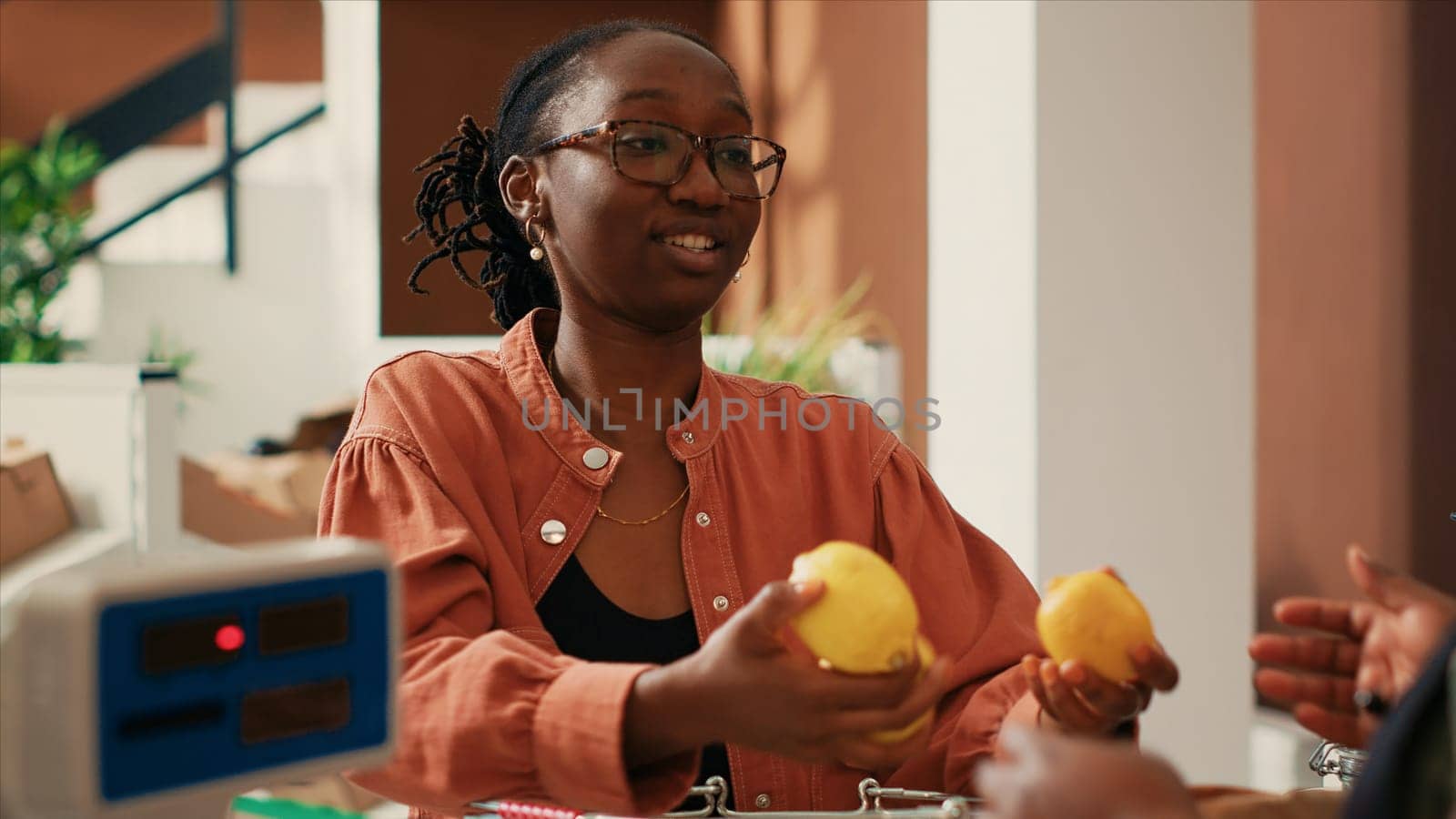 Vegan client buying fruits and vegetables from trusty vendor by DCStudio