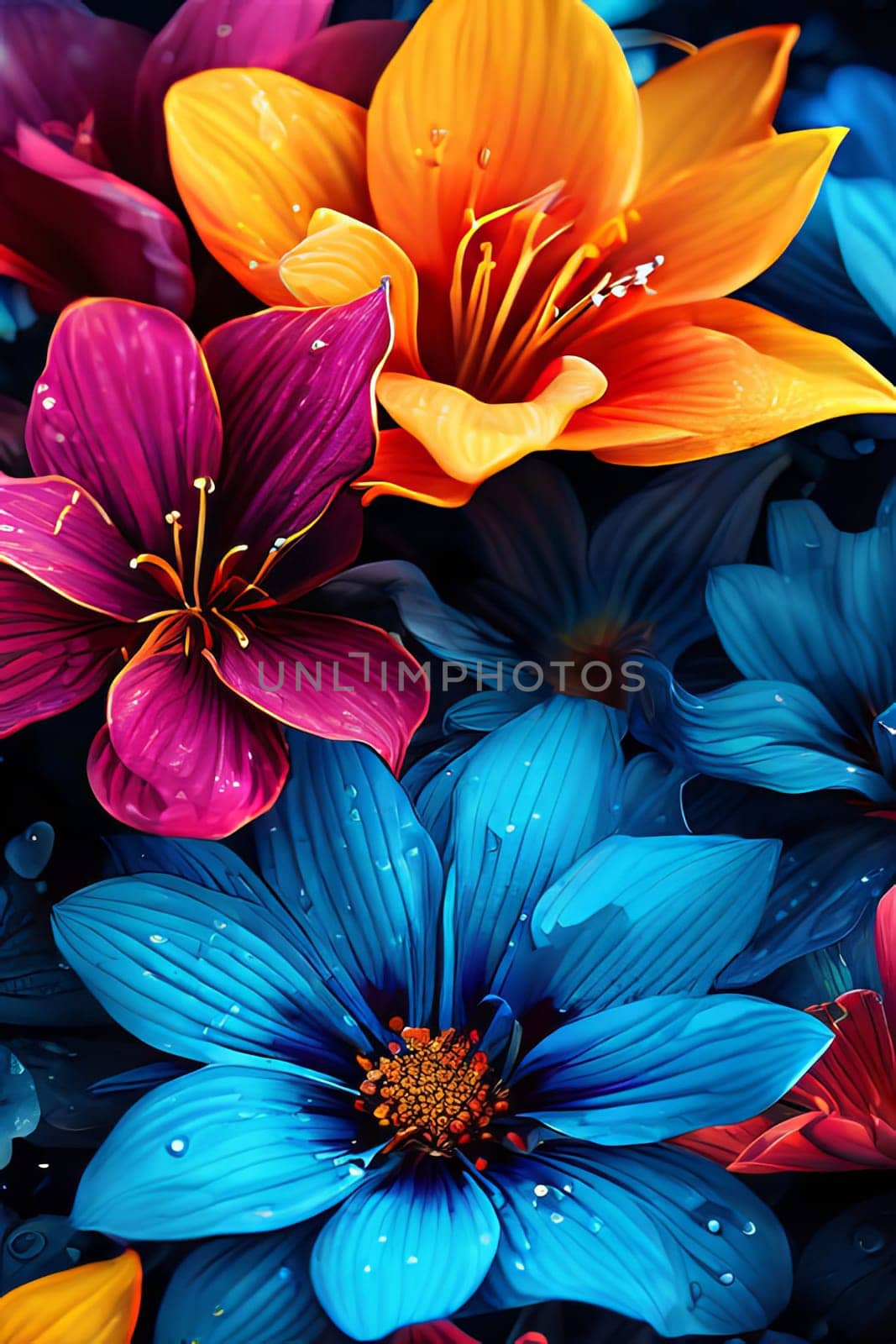 Vibrant colorful flowers set against dark background. For meditation apps, on covers of books about spiritual growth, in designs for yoga studios, spa salons, illustration for articles on inner peace. by Angelsmoon