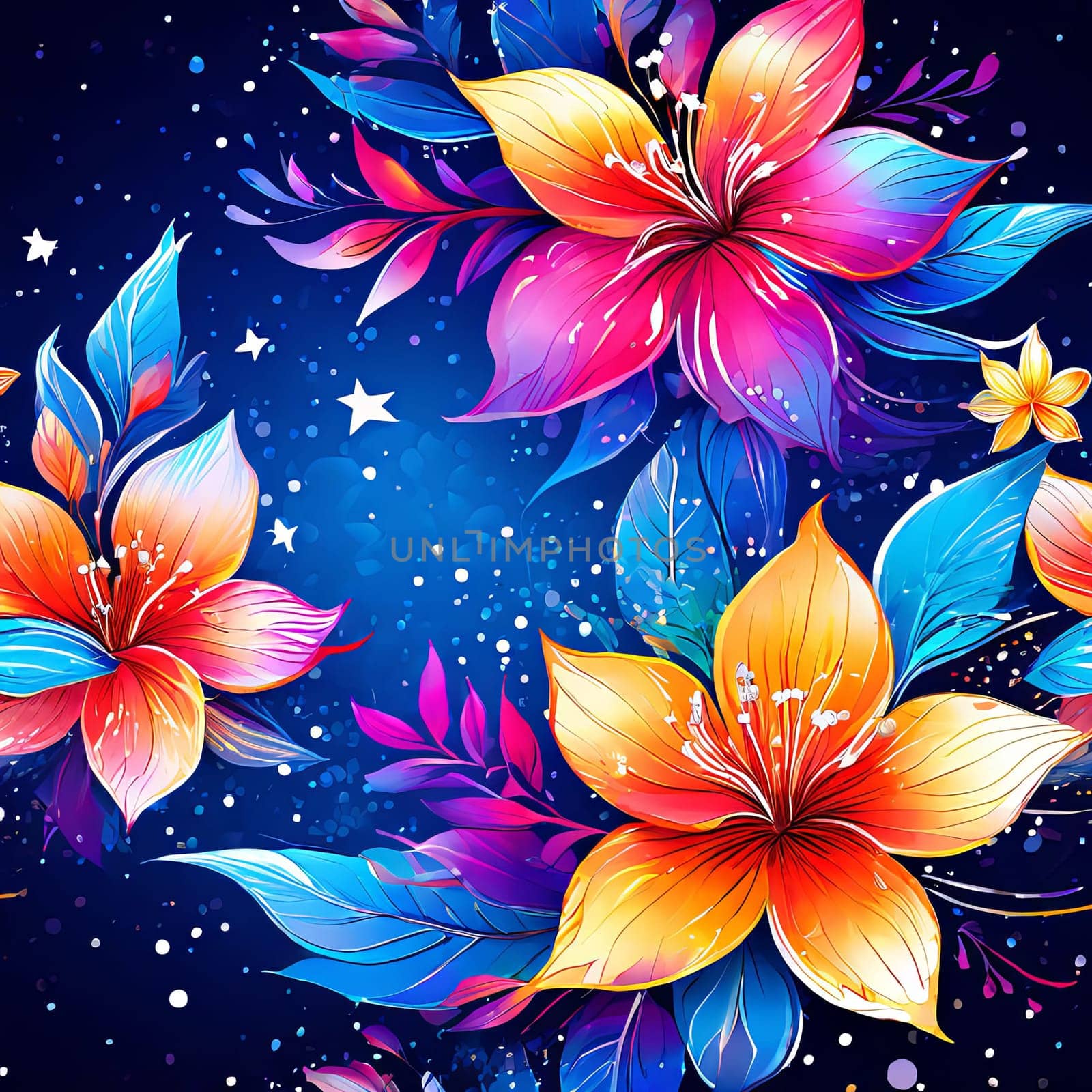 Striking, colorful flower painting with intricate details, vivid hues, beautifully contrasted against dark, black background. For interior design, textiles, clothing, gift wrapping, web design, print