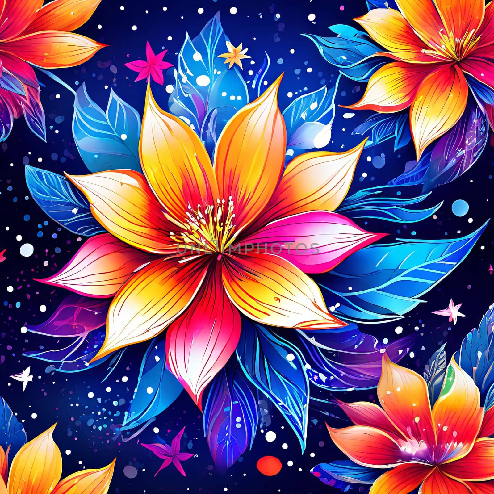 Serene lotus flowers on blue background adorned with stars. Starry background adds sense of mystery, magic to overall impression of image. For art, creative projects, fashion, style, social media. by Angelsmoon