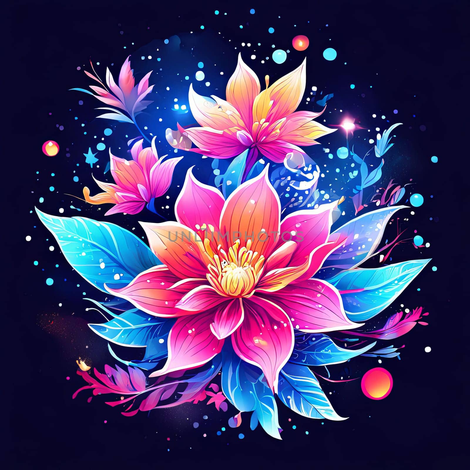 Lotus flowers floating in starry sky. Creating peaceful, enchanting scene that symbolizes purity. For interior design, decoration, art, advertising, web design, as illustration for book, magazine. by Angelsmoon