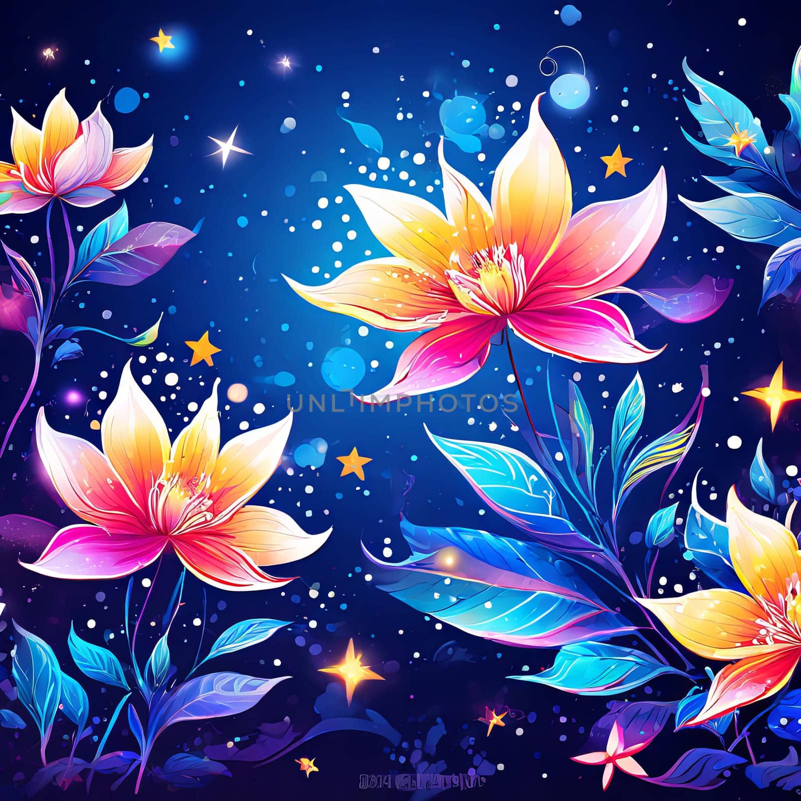 Serene lotus flowers on blue background adorned with stars. Starry background adds sense of mystery, magic to overall impression of image. For art, creative projects, fashion, style, social media. by Angelsmoon