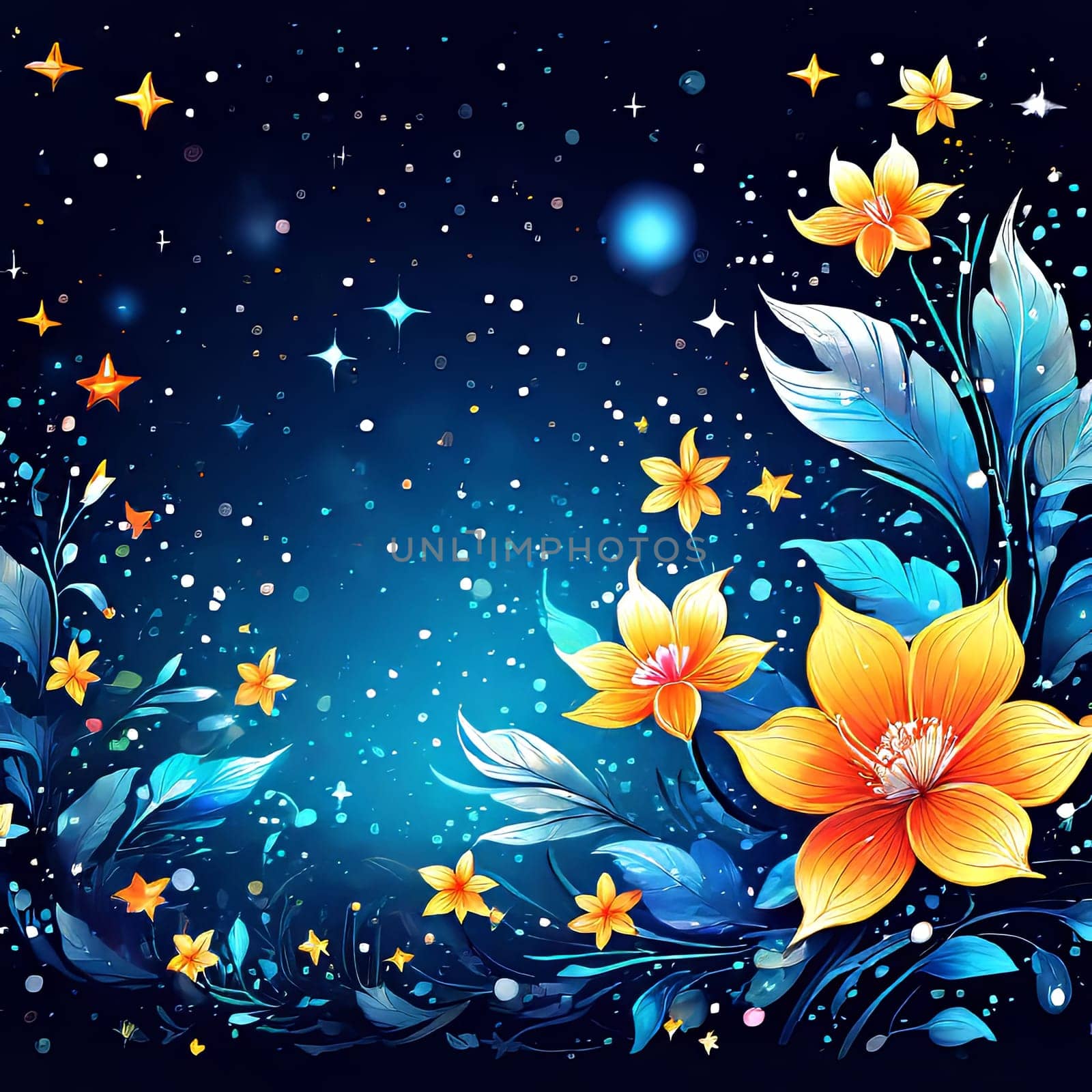 Beautiful lotus on background of blue sky adorned with stars. lotus is symbol of purity, spiritual enlightenment, rebirth. For home interior, bedroom, living room, childrens room to add bright colors