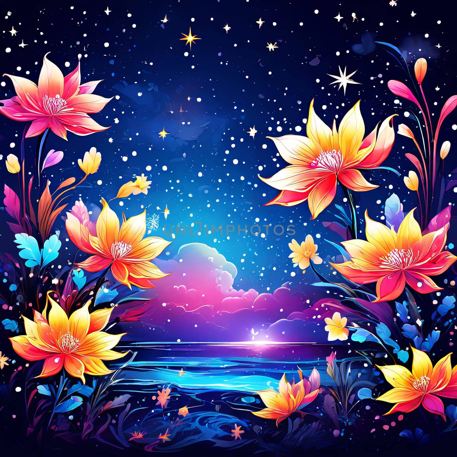 Lotus flowers floating in starry sky. Creating peaceful, enchanting scene that symbolizes purity. For interior design, decoration, art, advertising, web design, as illustration for book, magazine. by Angelsmoon