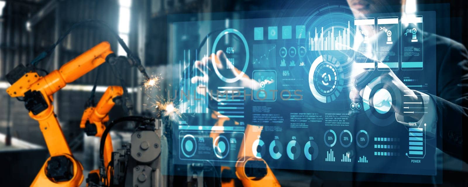 XAI Advanced robot arm system for digital industry and factory robotic technology. Automation manufacturing robot controlled by industry engineering using IOT software connected to internet network.