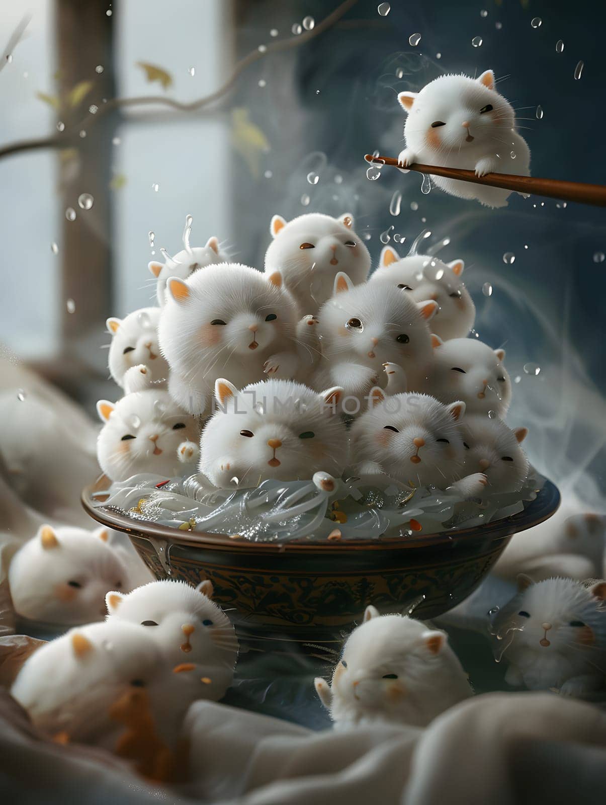 White fluffy toys float in glass dish of water, resembling a still life photo by Nadtochiy