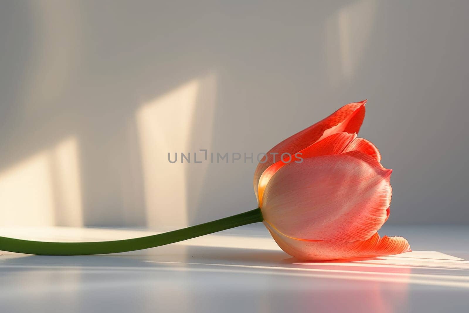 A single Tulip petals on a clean white table in natural light, minimalist composition, Generative AI.