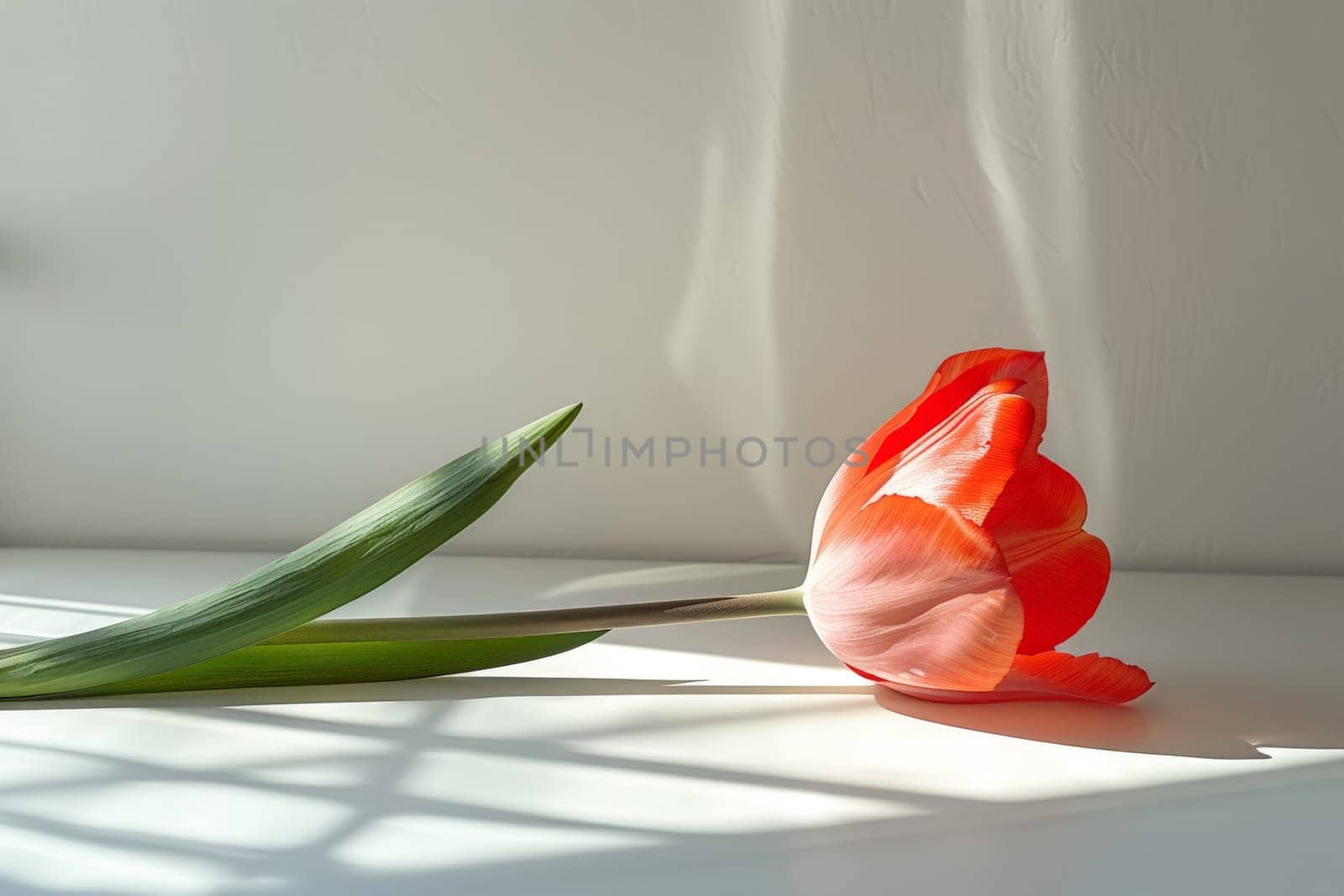 A single Tulip petals on a clean white table in natural light, minimalist composition, Generative AI.