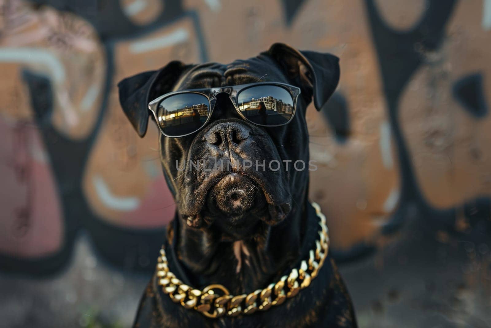 A happy dog with sunglasses and gold chain, looking at camera, Generative AI by nijieimu