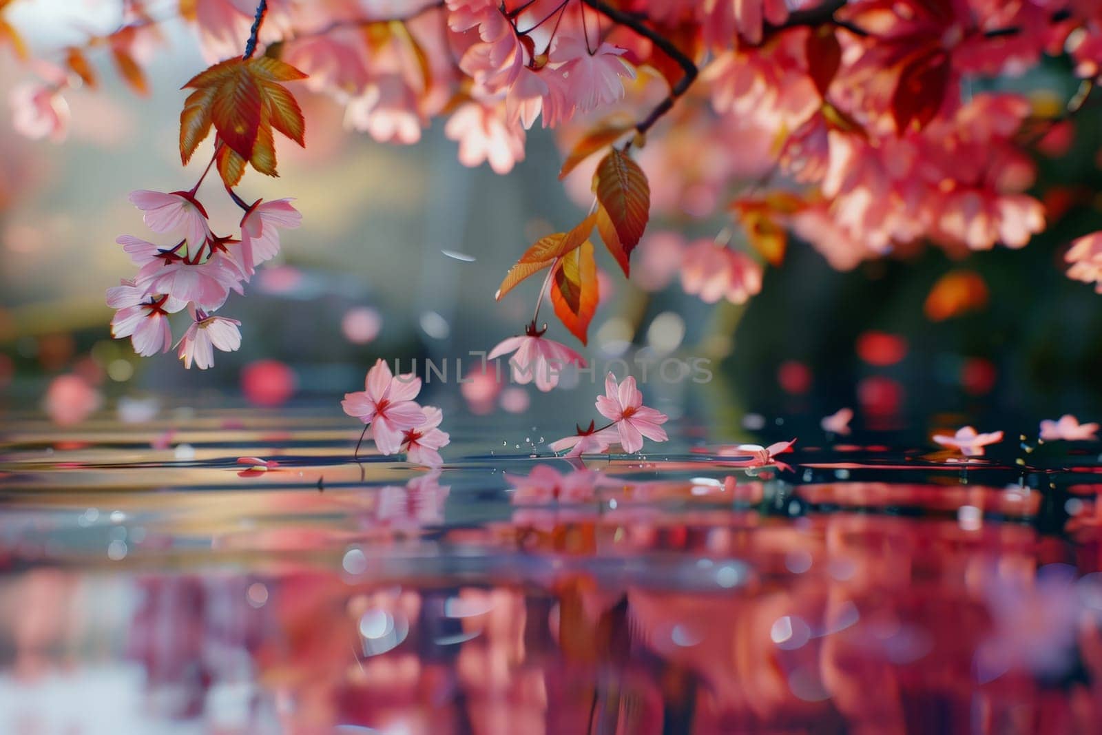 reflection with cherry blossom on water with tree background, Generative AI by nijieimu