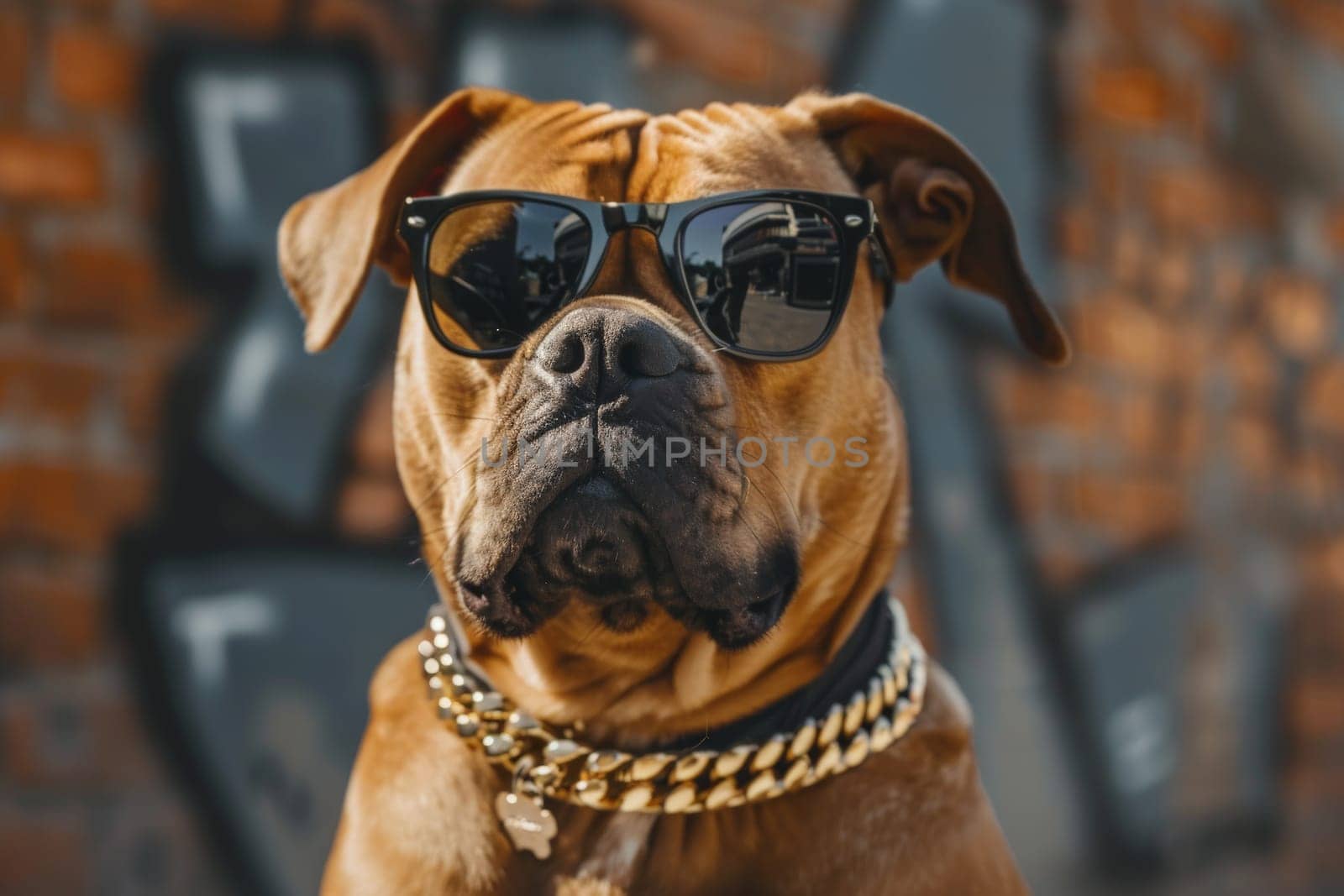 A happy dog with sunglasses and gold chain, looking at camera, Generative AI by nijieimu