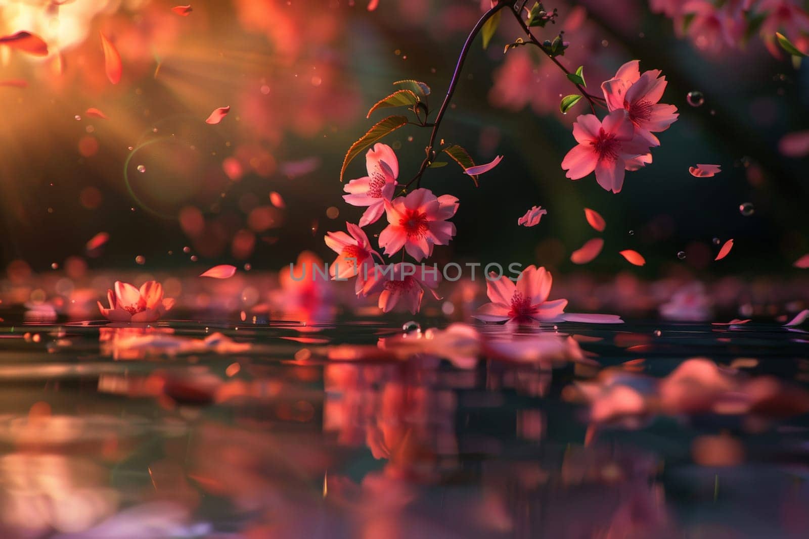 reflection with cherry blossom on water with tree background, Generative AI.