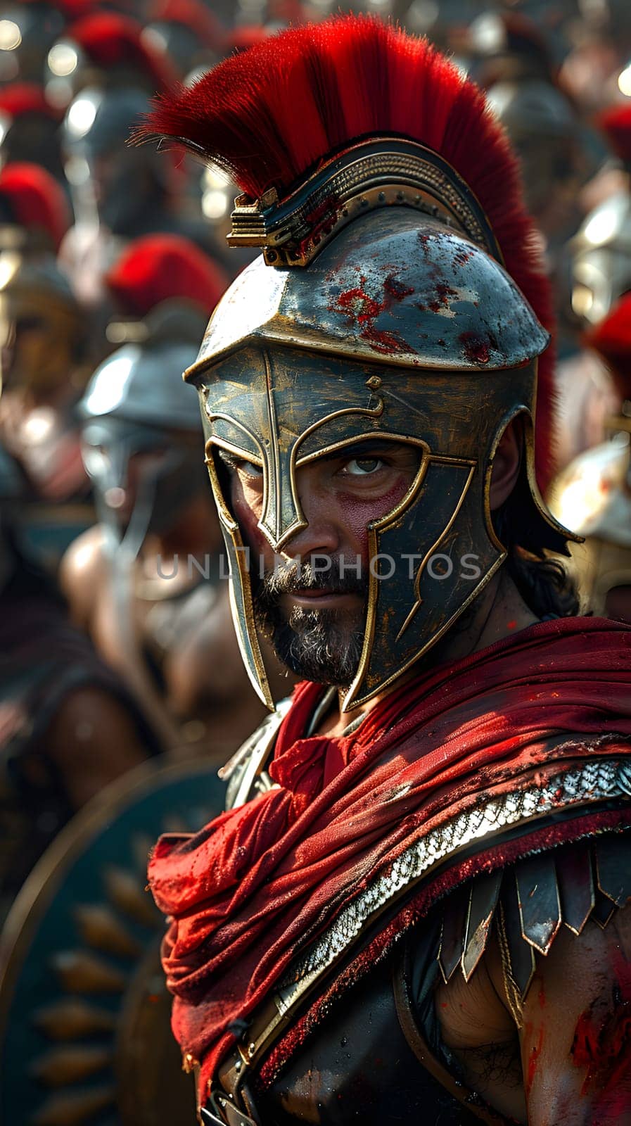 A fictional character dressed as a conquistador in a spartan helmet entertains the crowd at an event, blending tradition with costume and art for an actionpacked performance