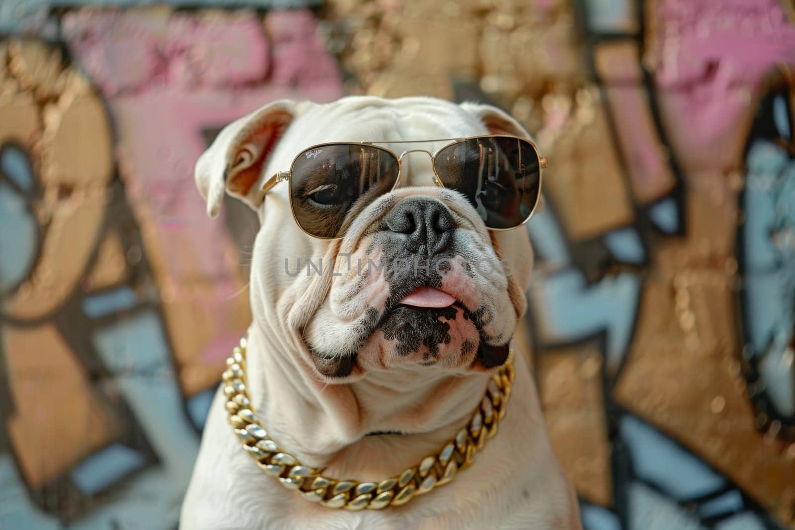 A happy dog with sunglasses and gold chain, looking at camera, Generative AI by nijieimu