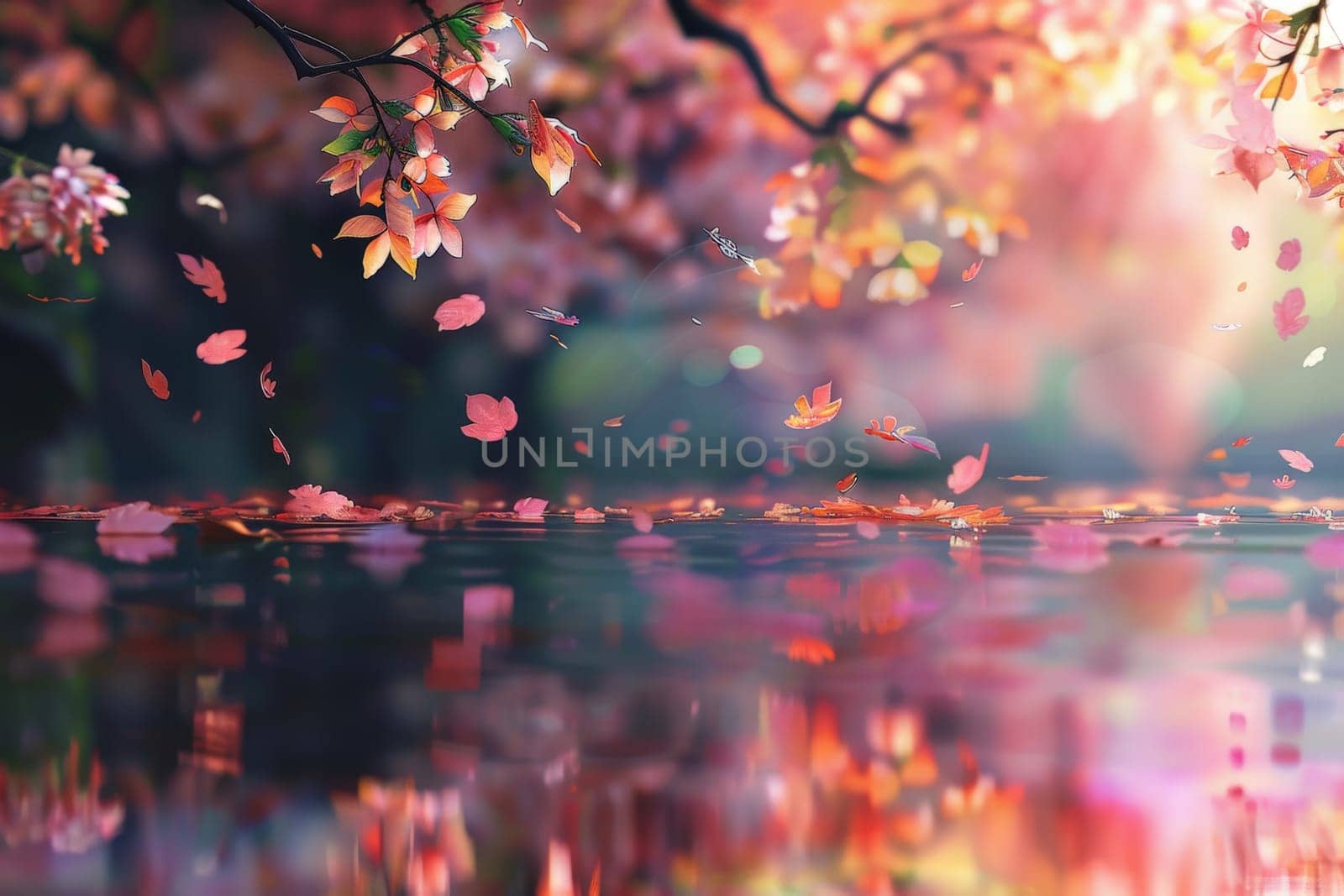 reflection with cherry blossom on water with tree background, Generative AI by nijieimu