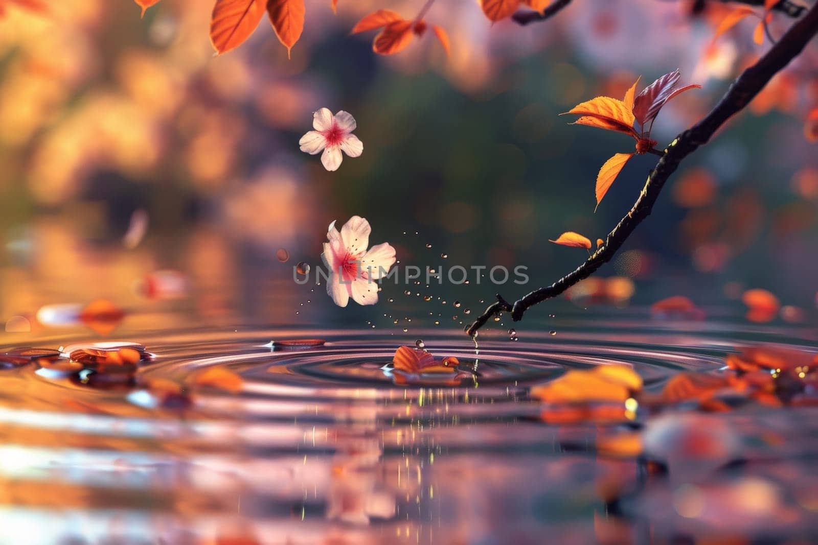 reflection with cherry blossom on water with tree background, Generative AI by nijieimu