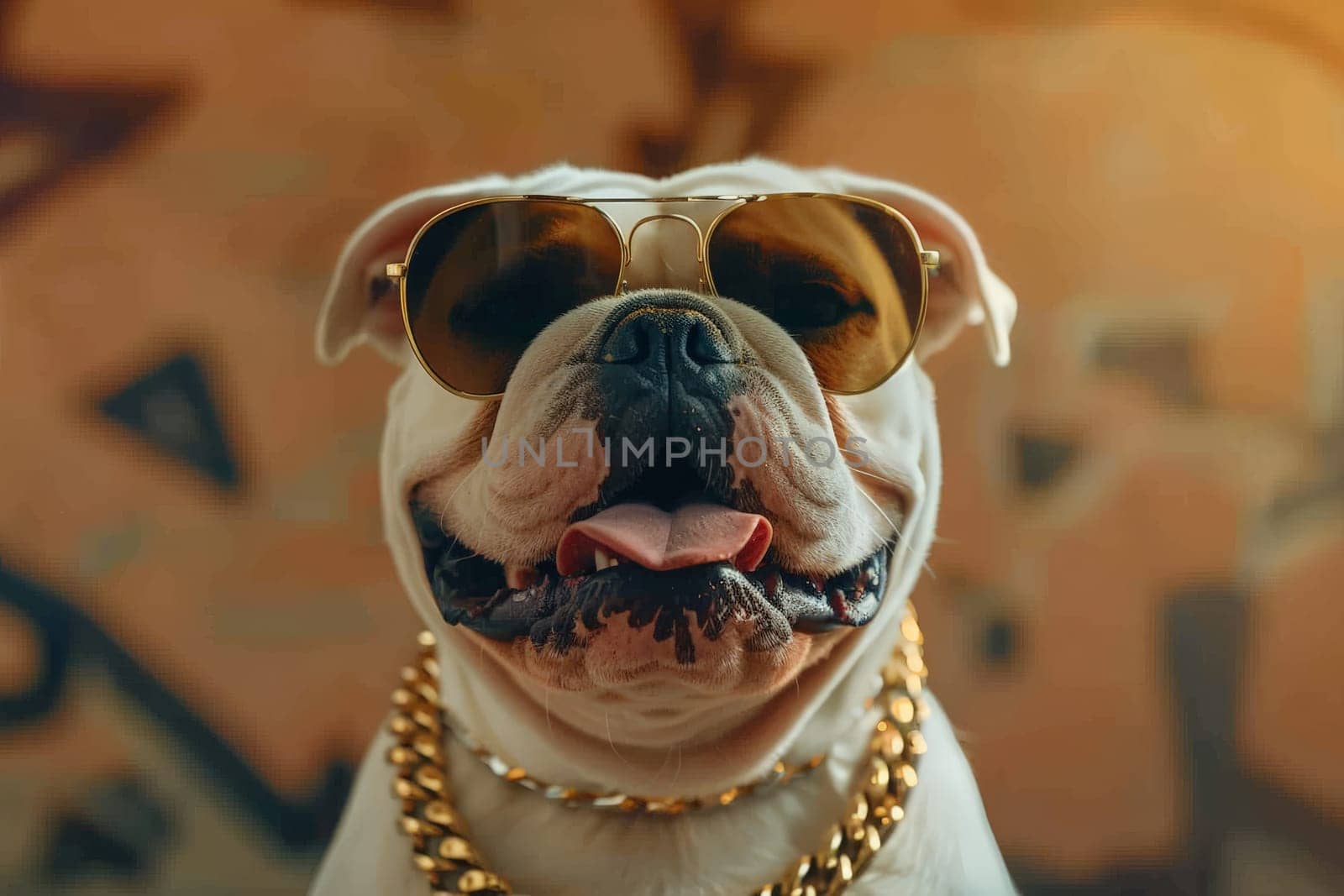 A happy dog with sunglasses and gold chain, looking at camera, Generative AI by nijieimu