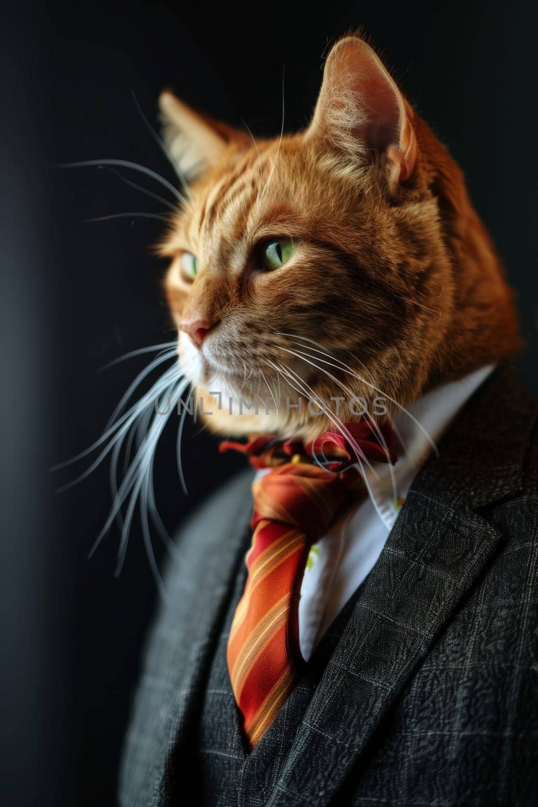 A cat businessman in suit with with a tie isolated on black background, Generative AI.