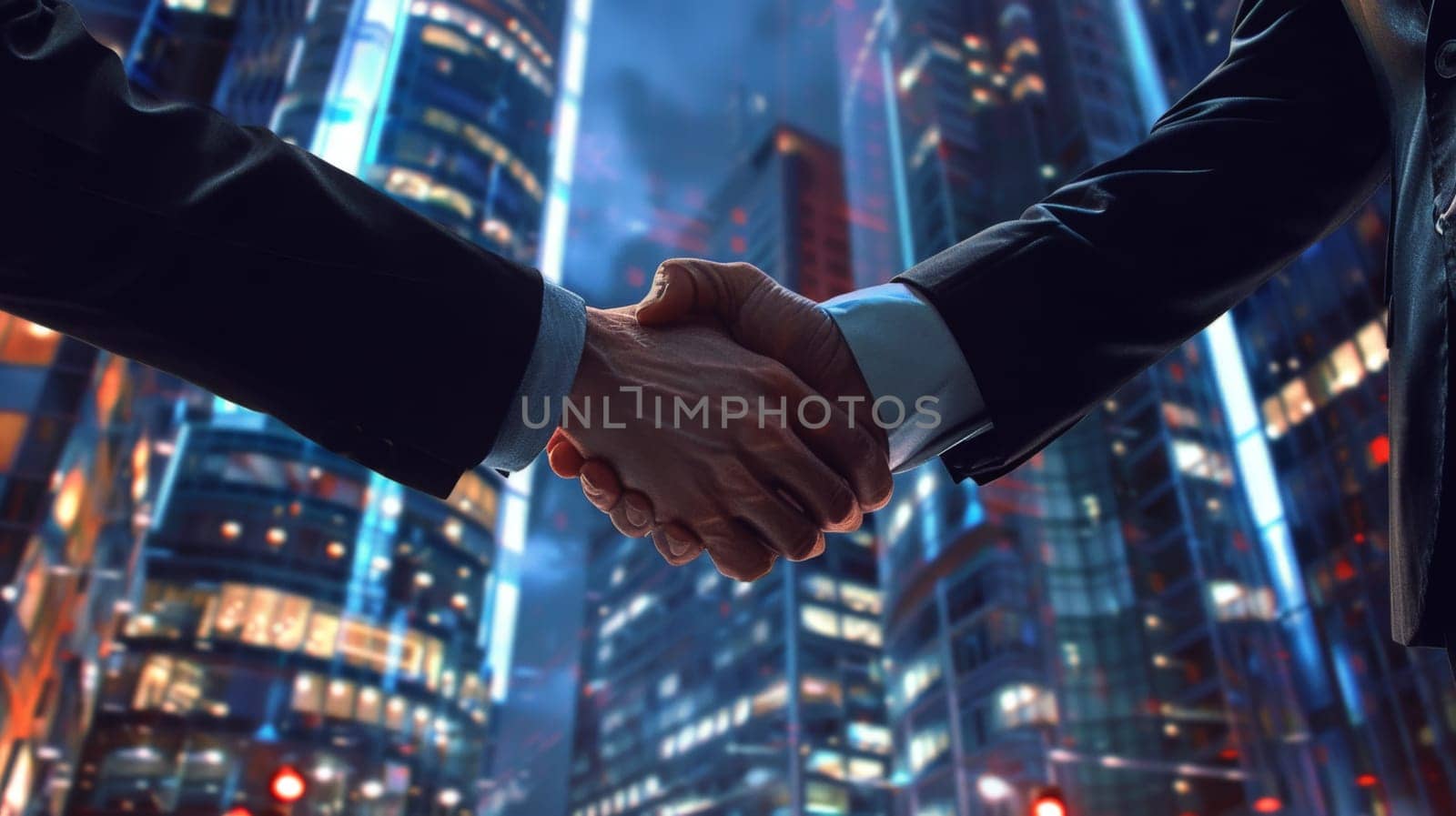 Corporate handshake, moment of agreement, skyscraper office background, Generative AI.