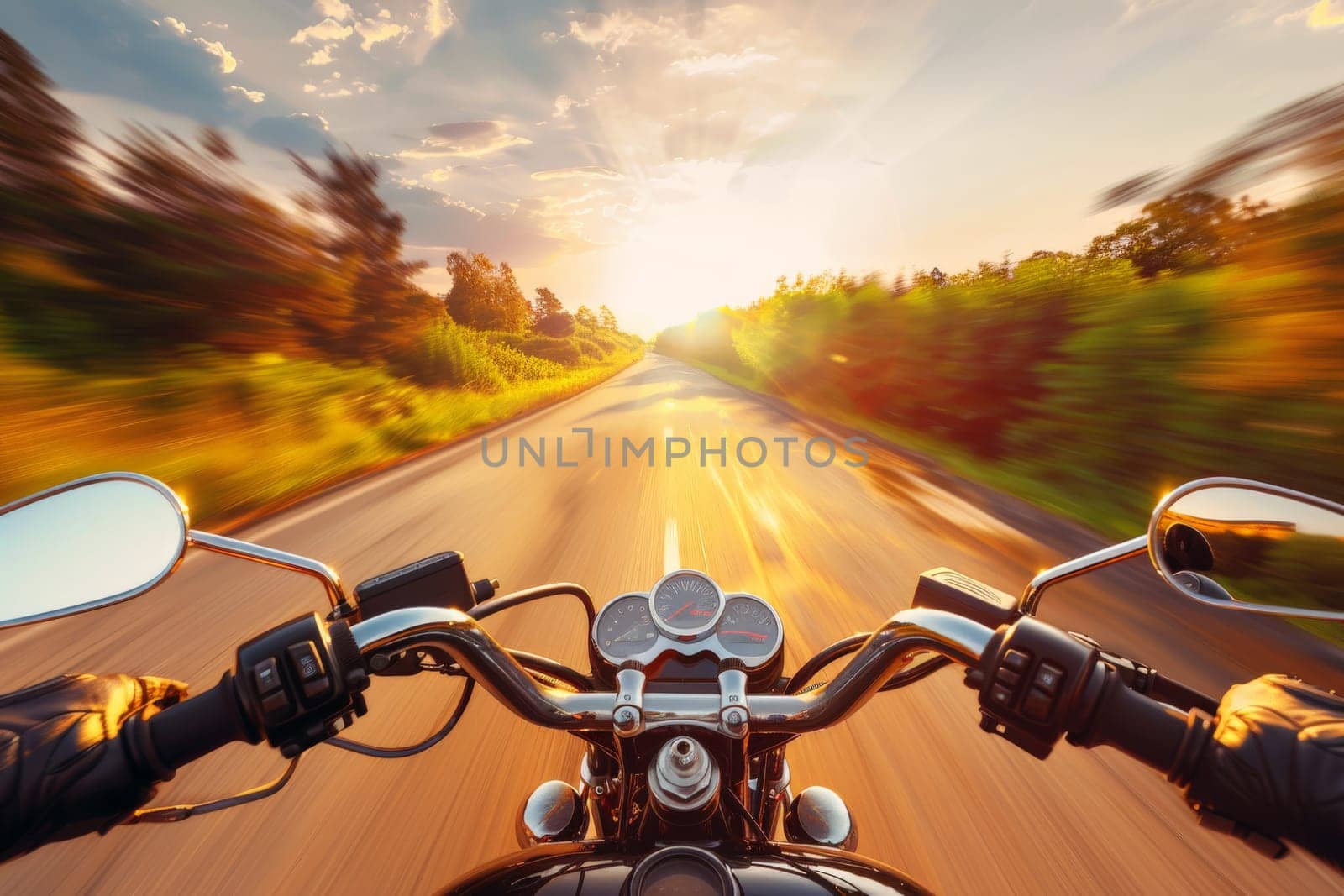 motorcycle on the road in a sunny, Looking for adventure, Generative AI by nijieimu