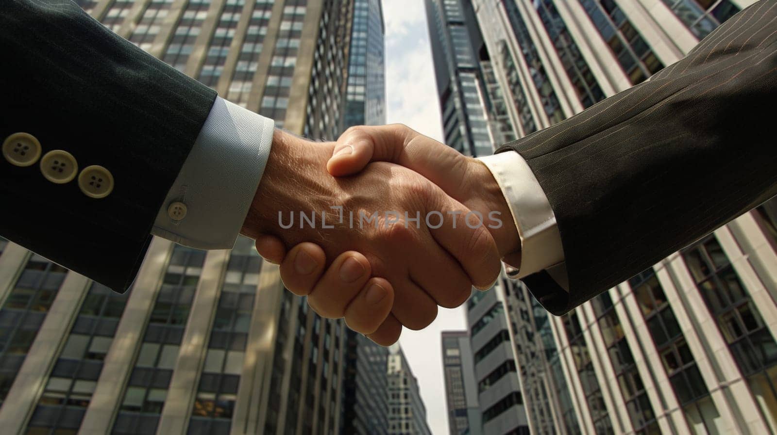 Corporate handshake, moment of agreement, skyscraper office background, Generative AI.