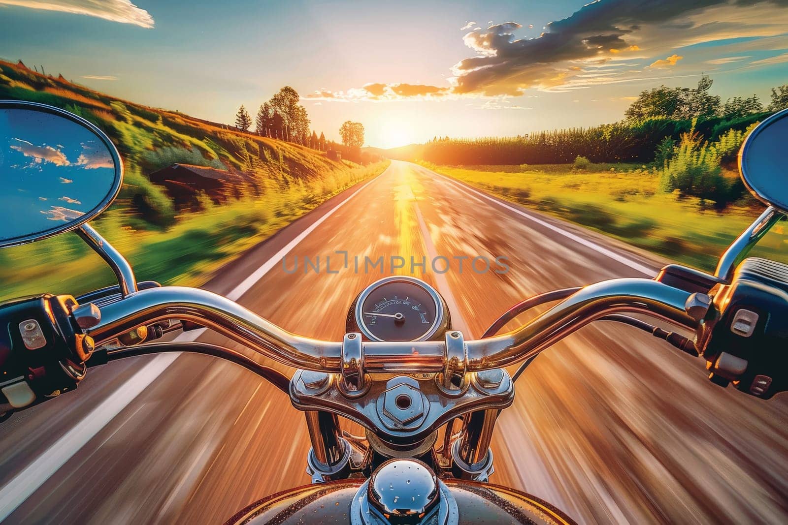 motorcycle on the road in a sunny, Looking for adventure, Generative AI.