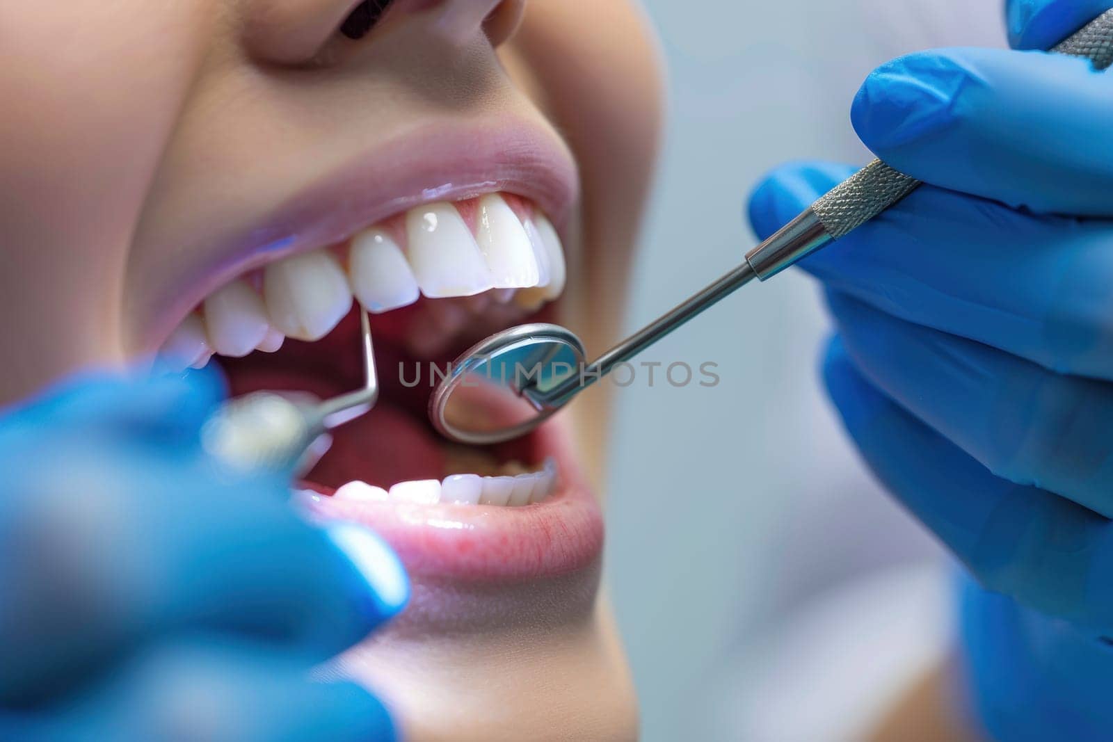A dentist is cleaning a patient's teeth with a mirror and a dental tool. The patient has a bright smile, indicating that they are in good dental health. The dentist is wearing blue gloves