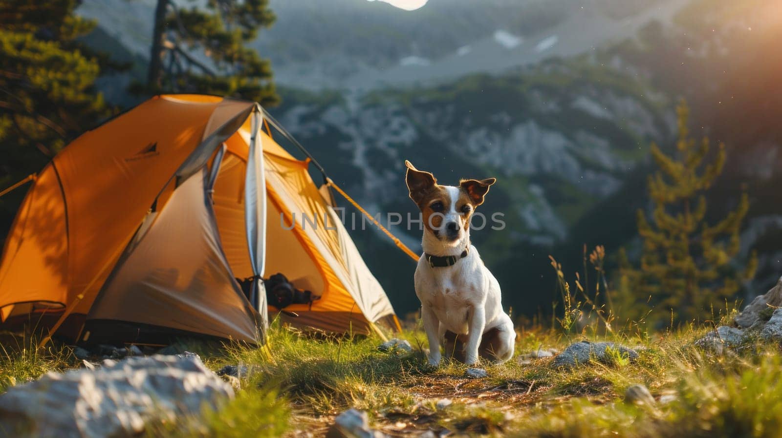 A dog is sitting in a tent looking out at the sunset.