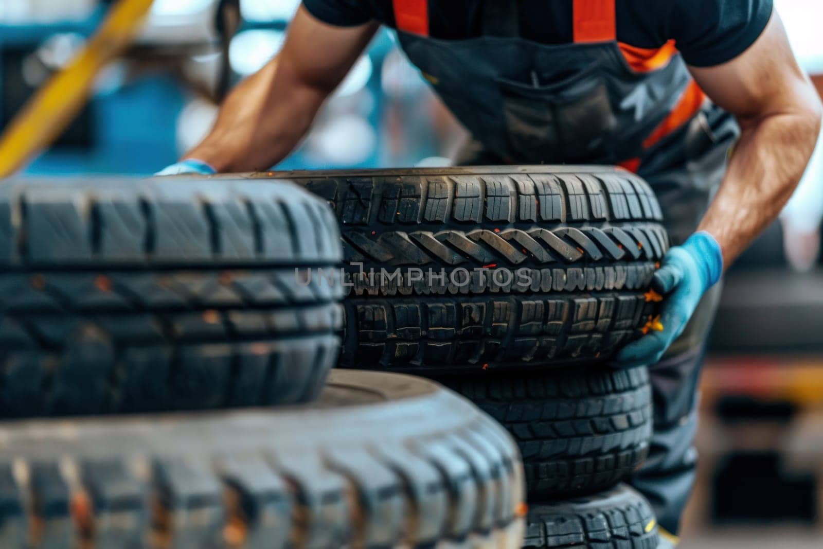 tire at repairing service garage background. Technician man replacing winter and summer tire for safety road trip. Transportation and automotive maintenance concept by golfmerrymaker