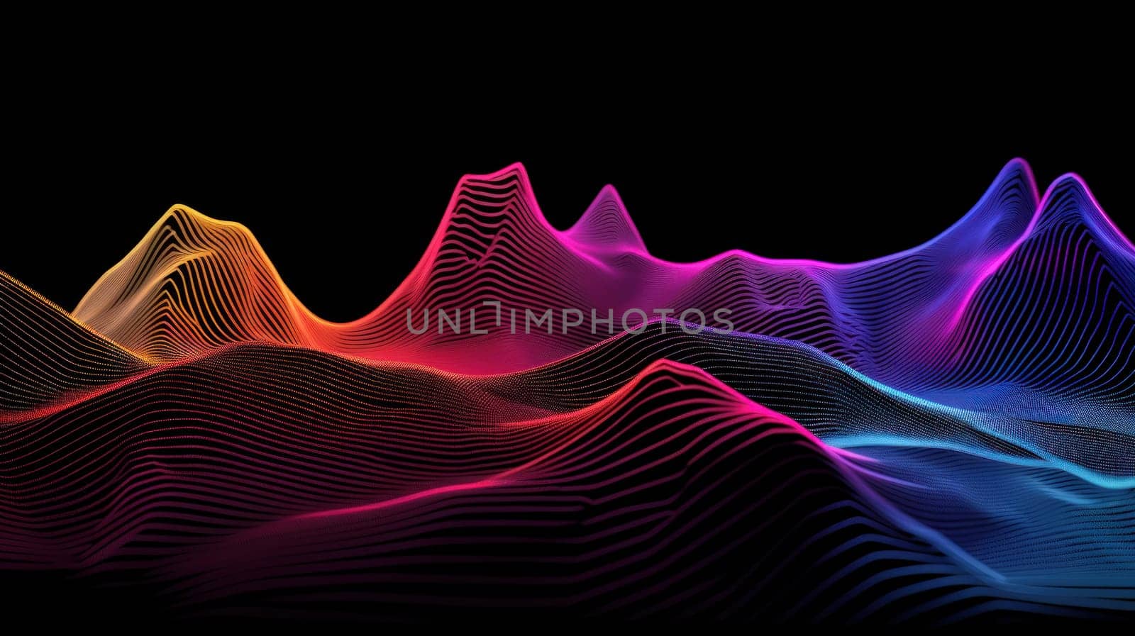 A colorful wave of light is projected onto a black background.