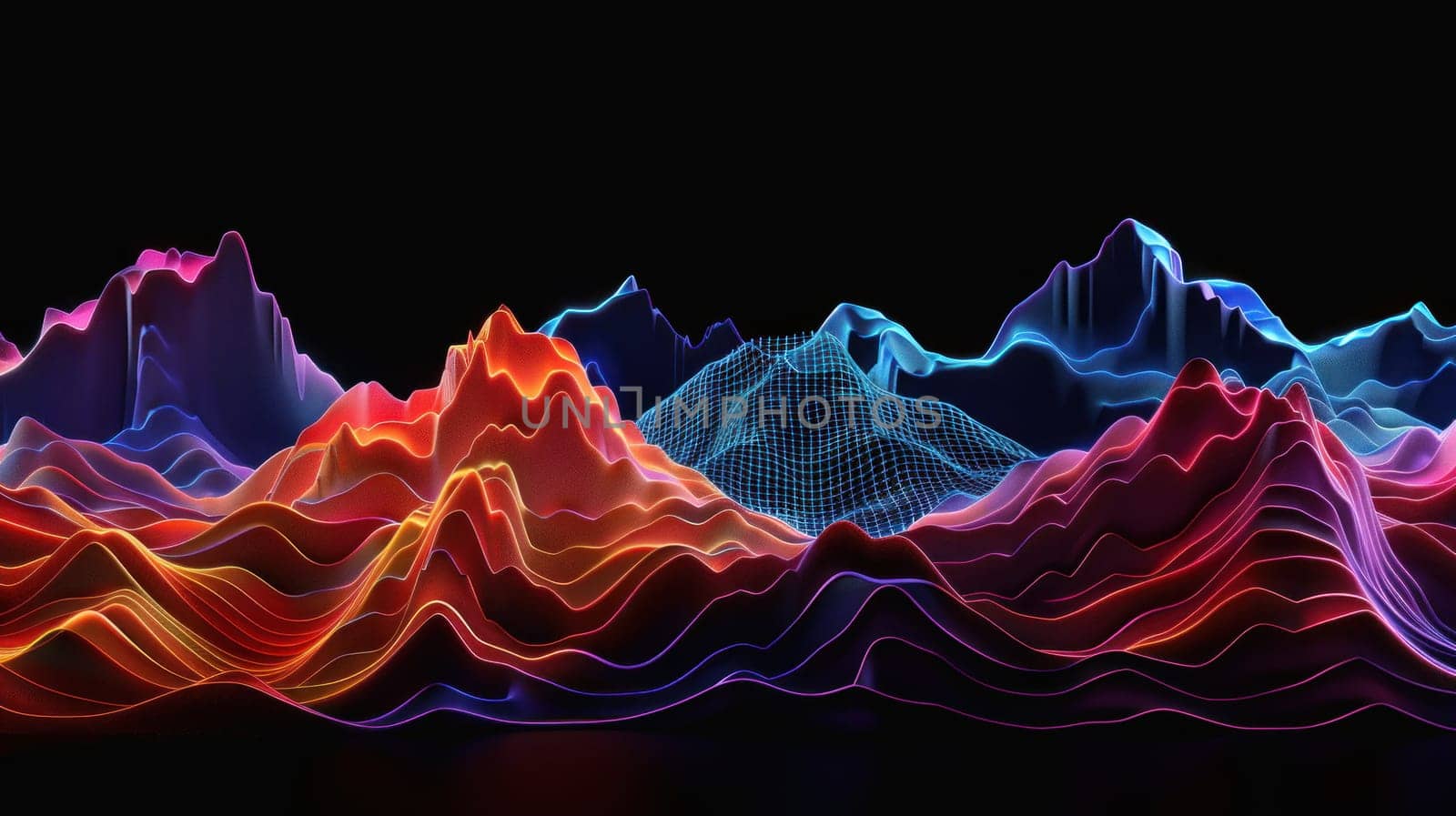 A colorful wave of light is projected onto a black background by golfmerrymaker