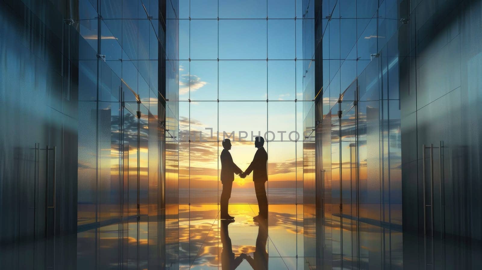 Two men shake hands in front of a wall of boxes by golfmerrymaker