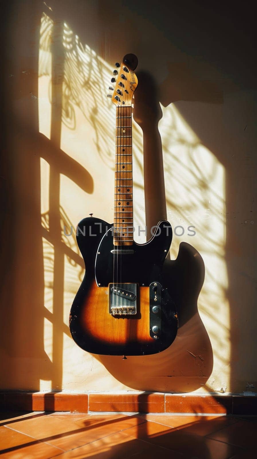 A guitar is hanging on a wall with a shadow of a leafy plant behind it by golfmerrymaker