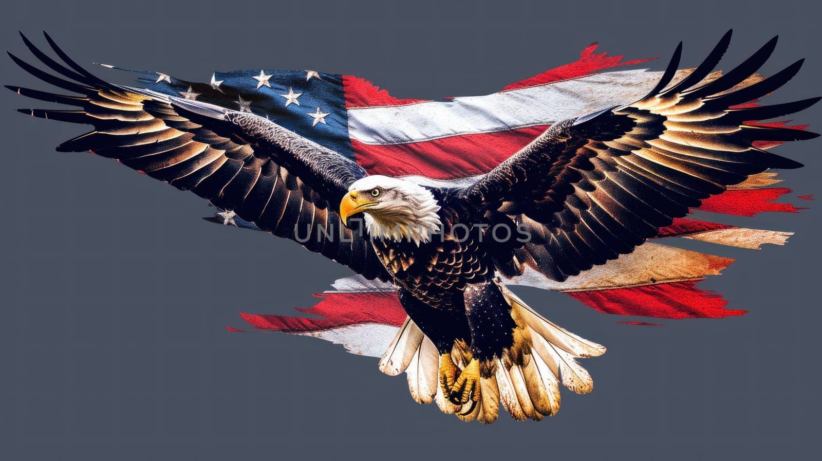 A large eagle is flying over a red, white, and blue American flag.