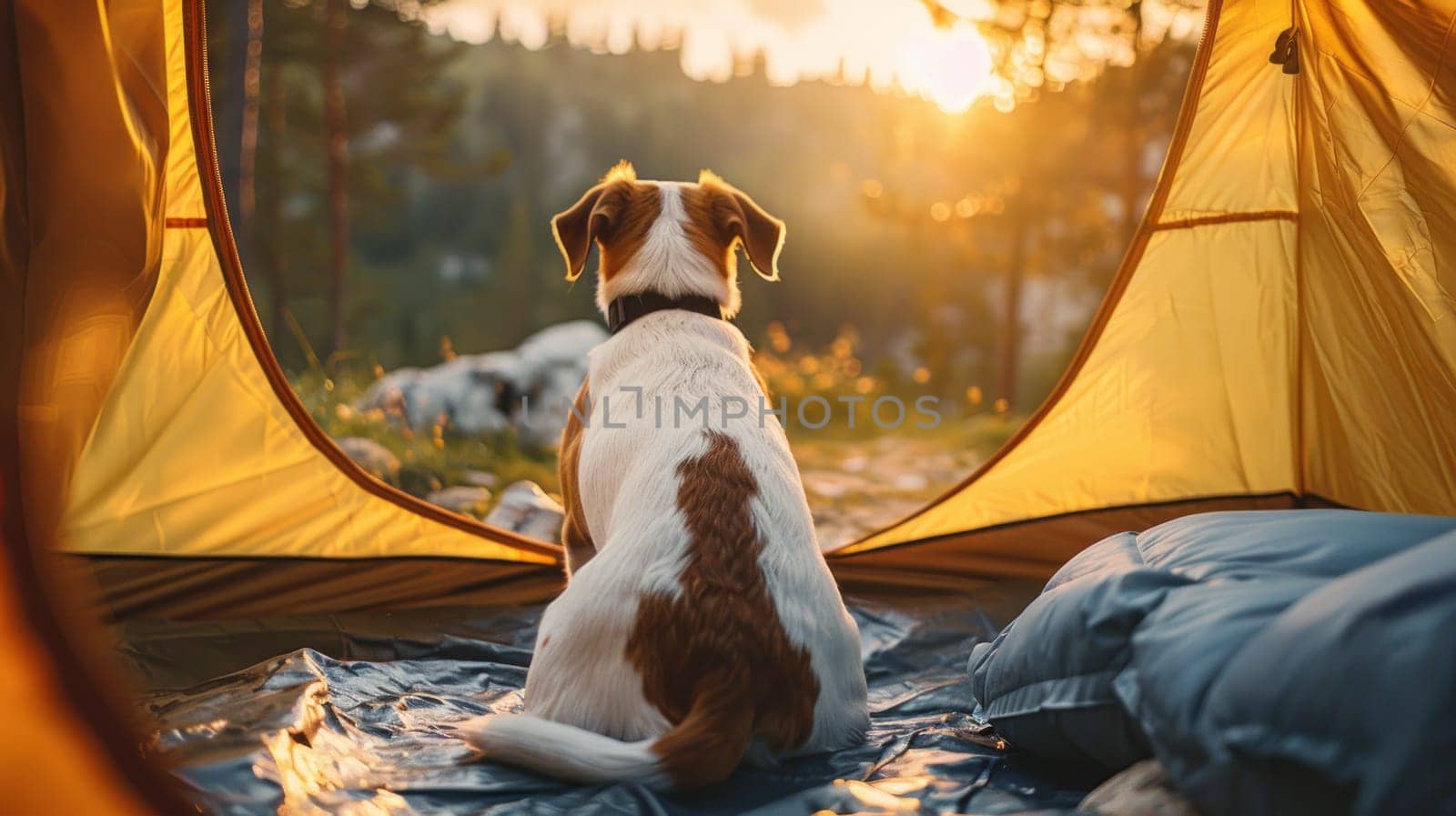 A dog is sitting in a tent looking out at the sunset.