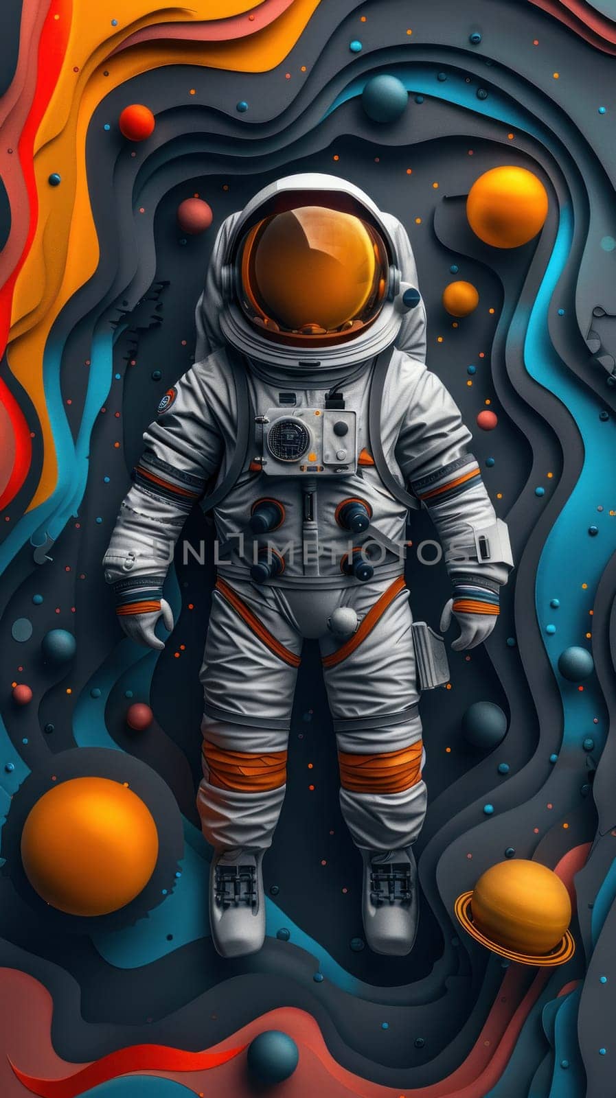 A colorful paper cutout of a man in a spacesuit standing in front of a colorful by golfmerrymaker