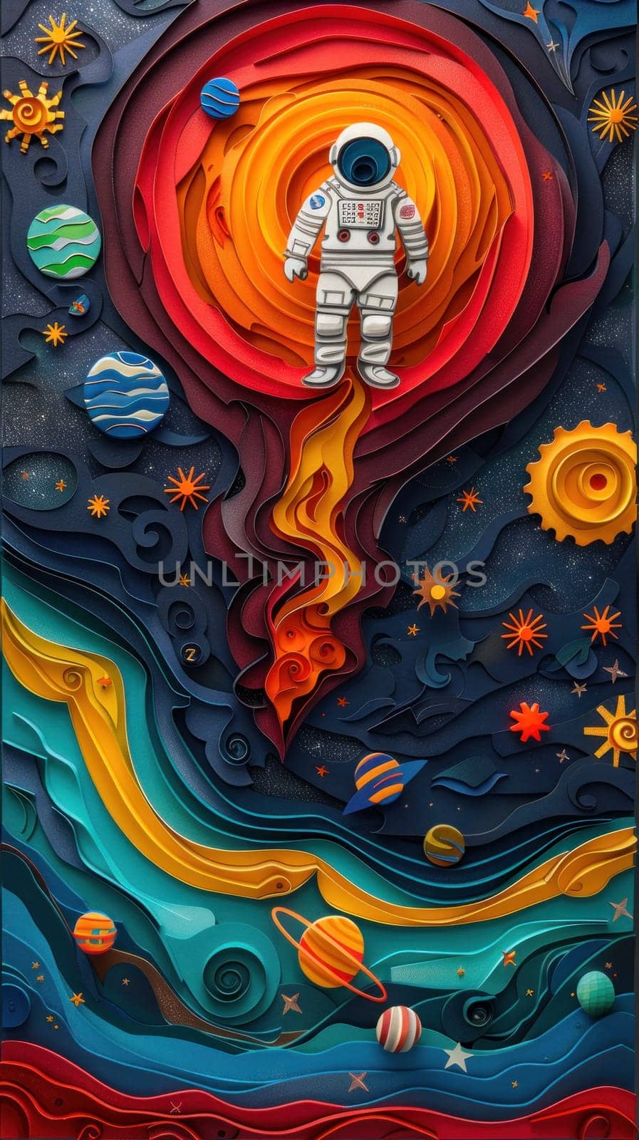 A colorful paper cutout of a man in a spacesuit standing in front of a colorful by golfmerrymaker