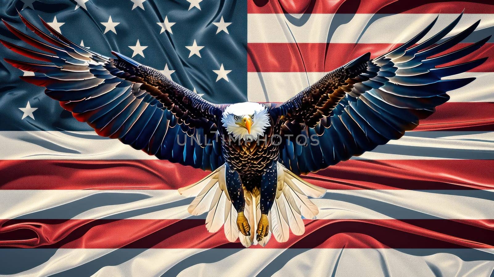 A large eagle is flying over a red, white, and blue American flag. The eagle is the main focus of the image, and it is positioned in the center of the flag. The eagle's wingspan is quite impressive