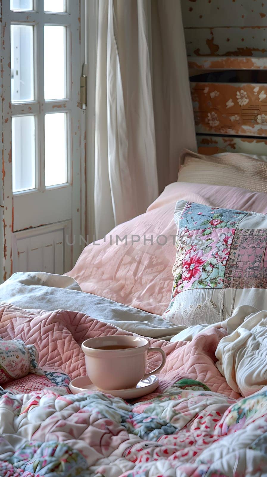 A cozy room with a hardwood floor, a window with a curtain, and a bed made with soft linens and a quilt. A cup of coffee adds to the comfort