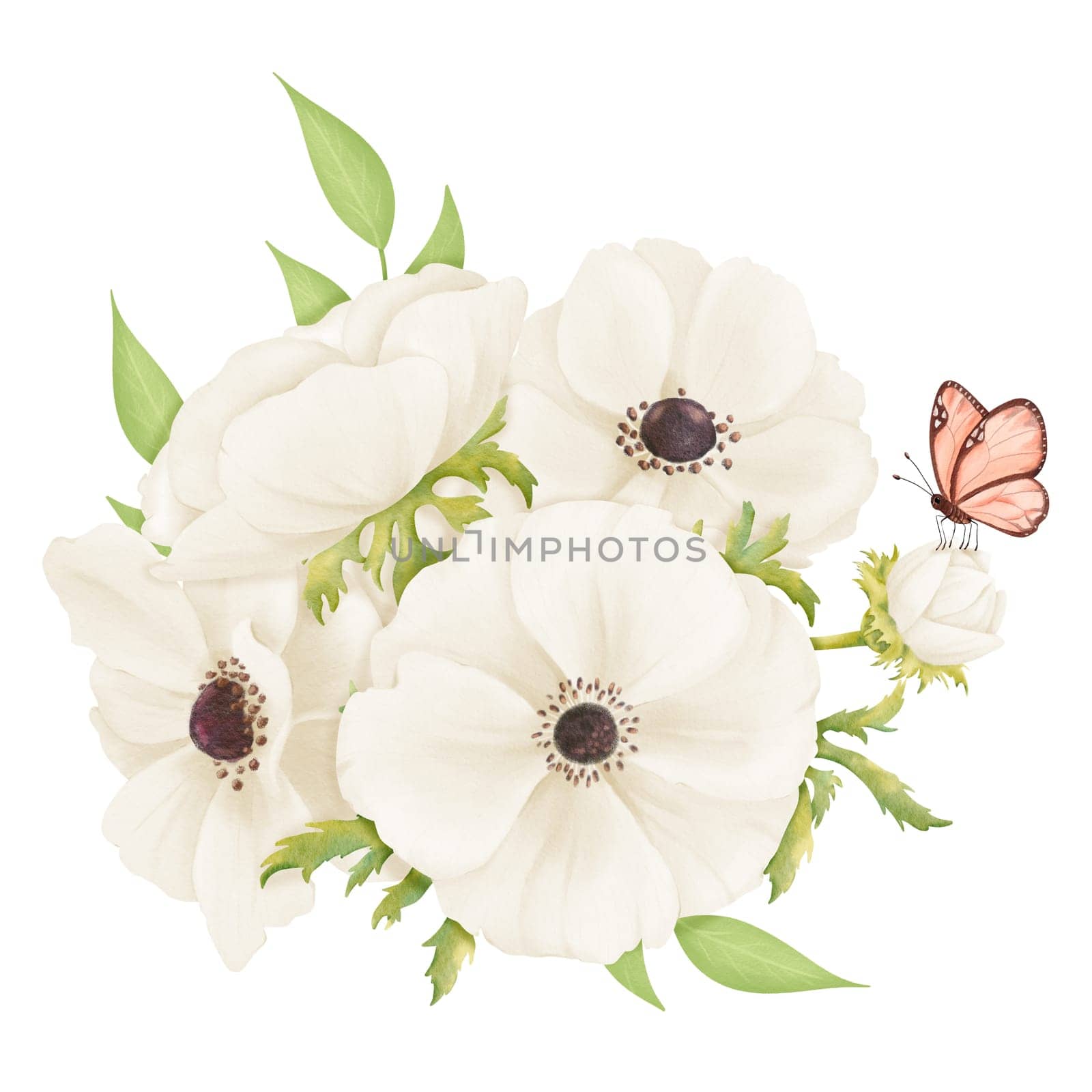 A watercolor floral composition of white anemones and fresh greenery, with a butterfly. for enhancing wedding stationery, event invitations, botanical prints, art projects and decorative crafts.