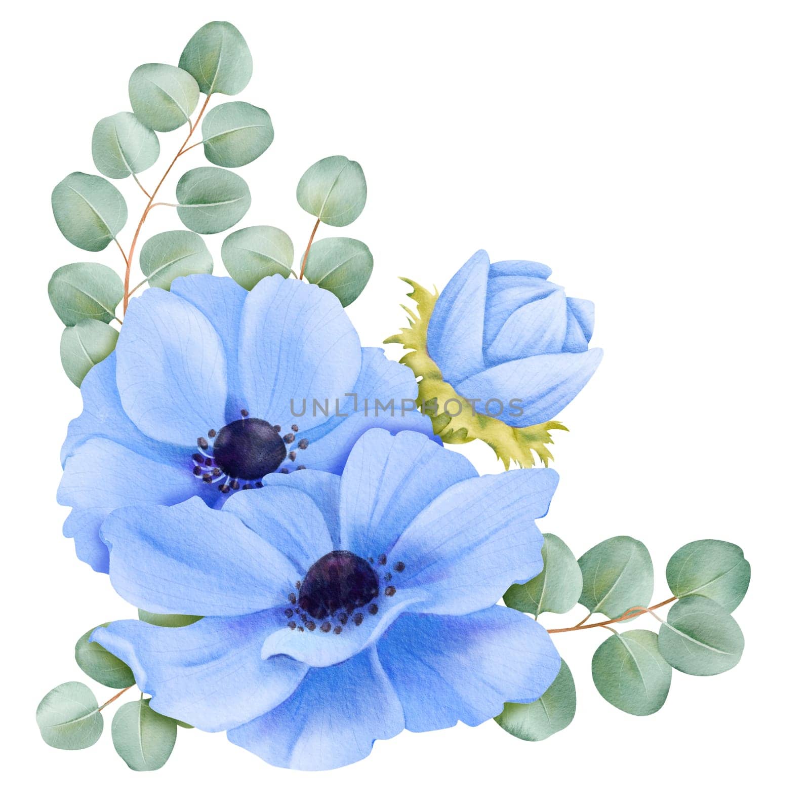 A floral arrangement consisting of blue anemones and eucalyptus leaves for enhancing wedding stationery, event decor, botanical-themed designs, digital creations, artistic projects and decorative.