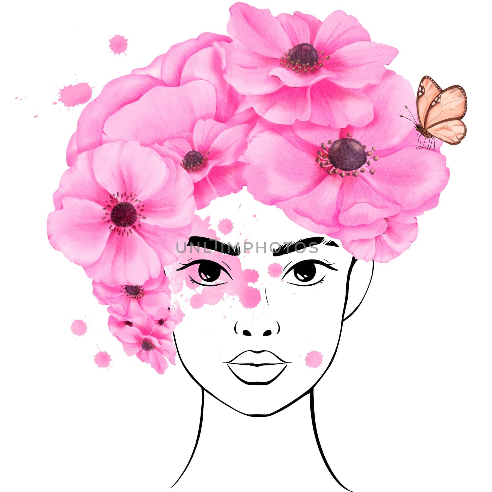 A linear portrait of a beautiful young woman, with her hair styled using pink anemone flowers and adorned with a butterfly, watercolor illustration. Symbolizing brightness and inspiration for avatars.