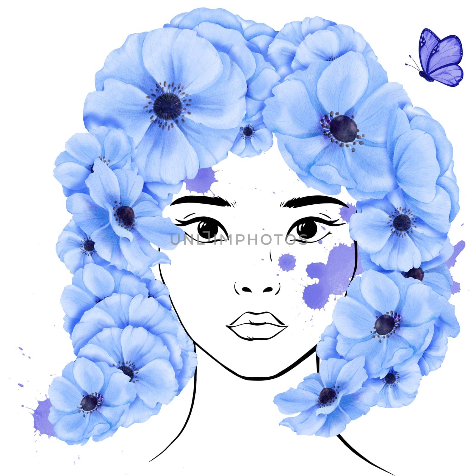 young Asian woman in a linear portrait. Her hairstyle features graceful blue anemone flowers adorned with a delicate butterfly, freedom and spontaneity. for avatars, diversity and individuality by Art_Mari_Ka