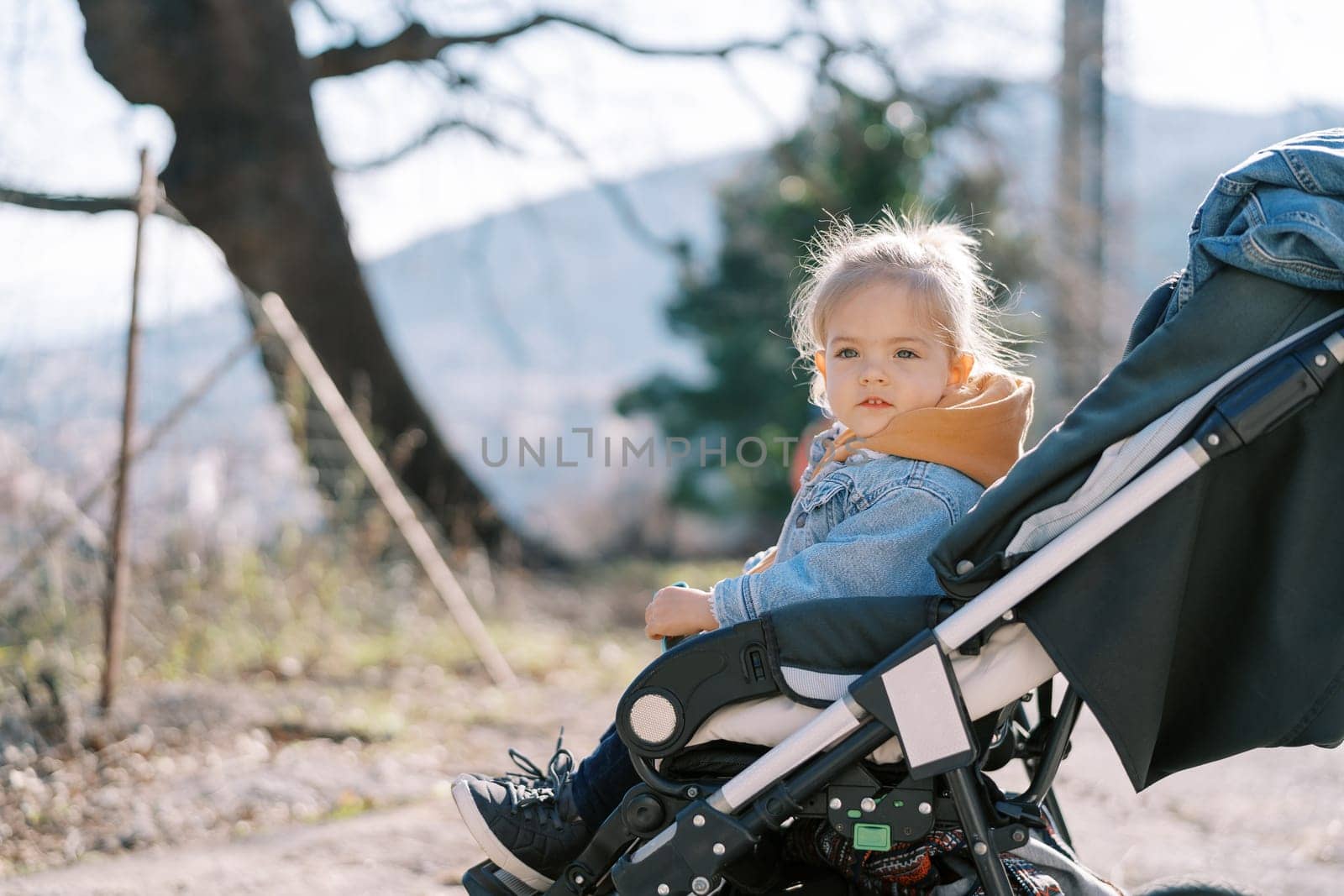 Little girl sits in a stroller in the park and looks away. Side view. High quality photo
