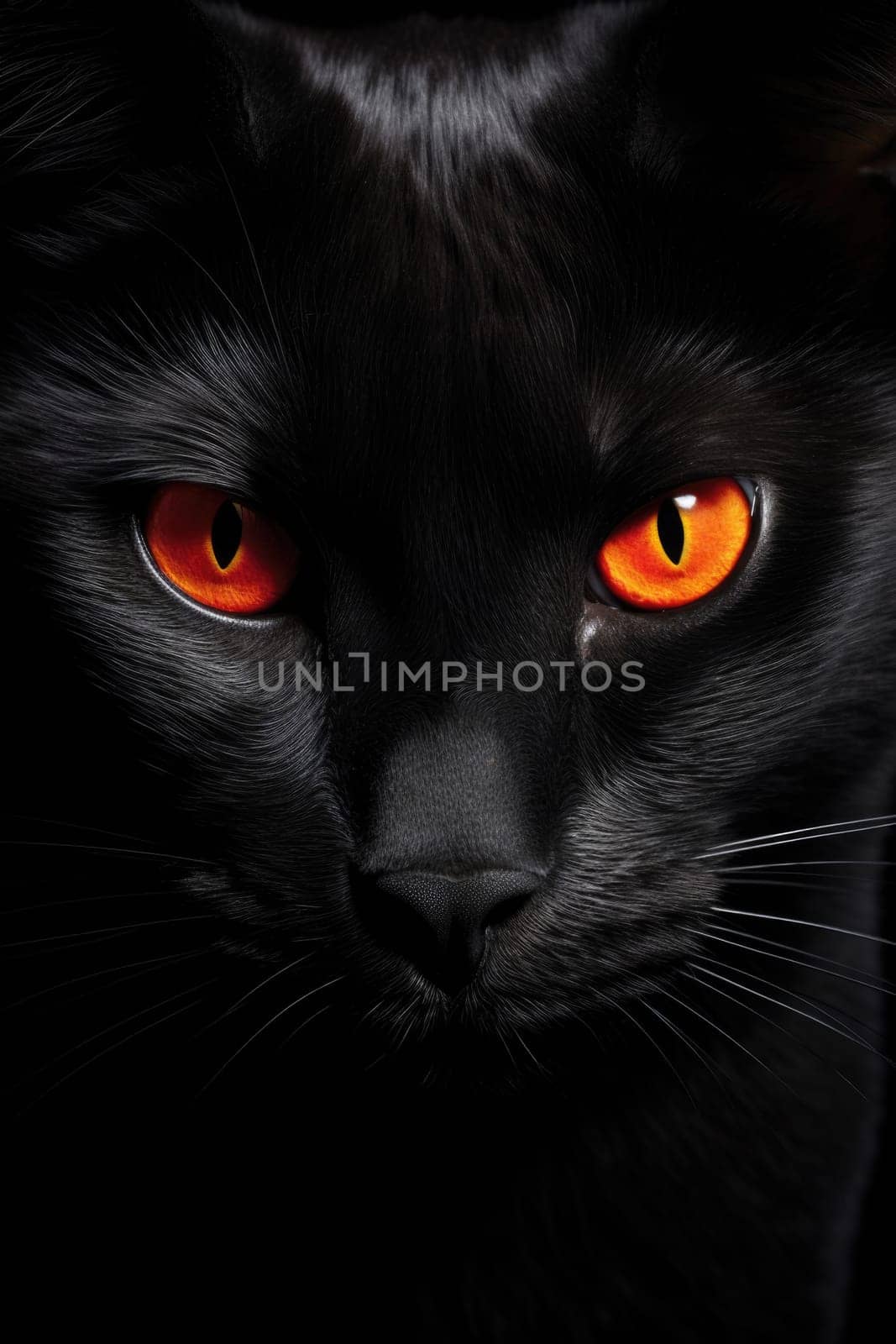 The muzzle of a black cat looking at the camera is highlighted on a black background by Lobachad