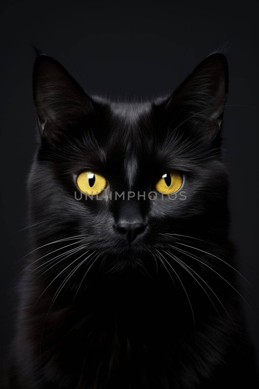 The muzzle of a black cat looking at the camera is highlighted on a black background.