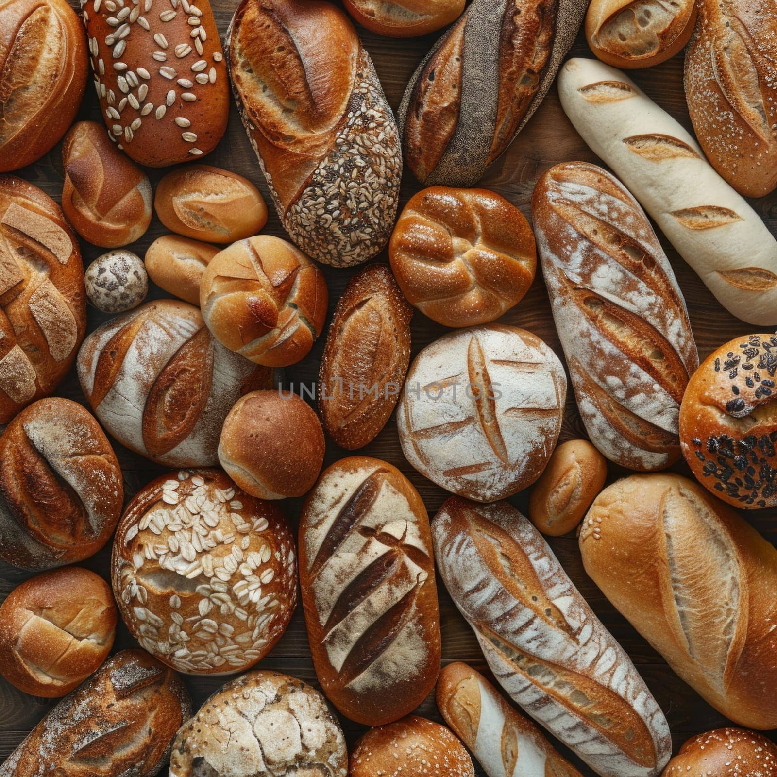 Many mixed breads and rolls shot from above as wallpaper.