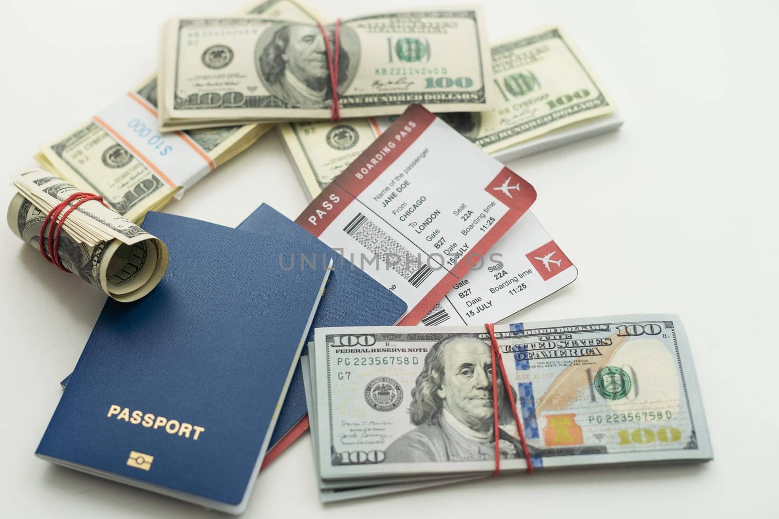 Travel concept. Passport with money on white background. High quality photo