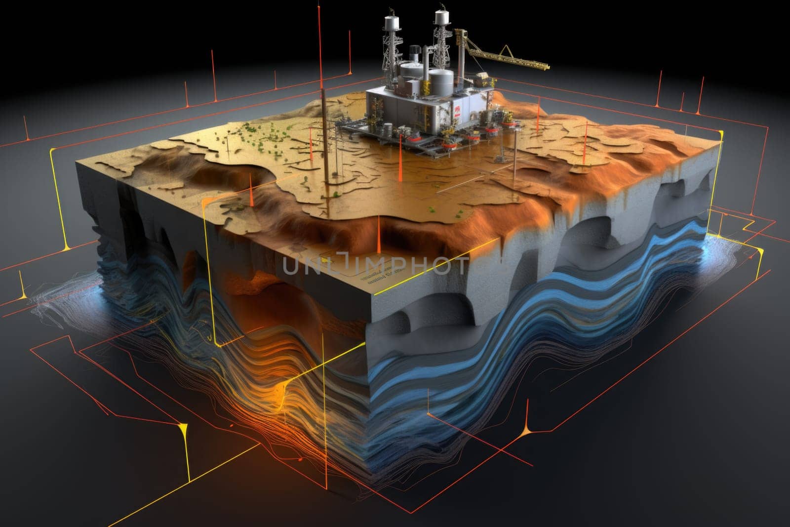 Search for places for oil production. A cross section of the earth. Oil production. Layers of soil. 3d illustration.