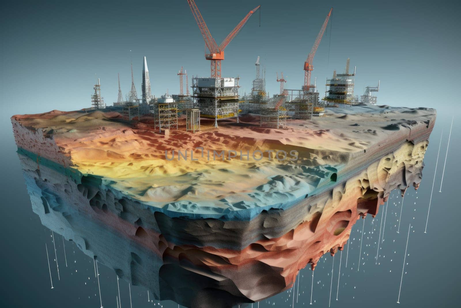Search for places for oil production. A cross section of the earth. Oil production. Layers of soil. 3d illustration by Lobachad